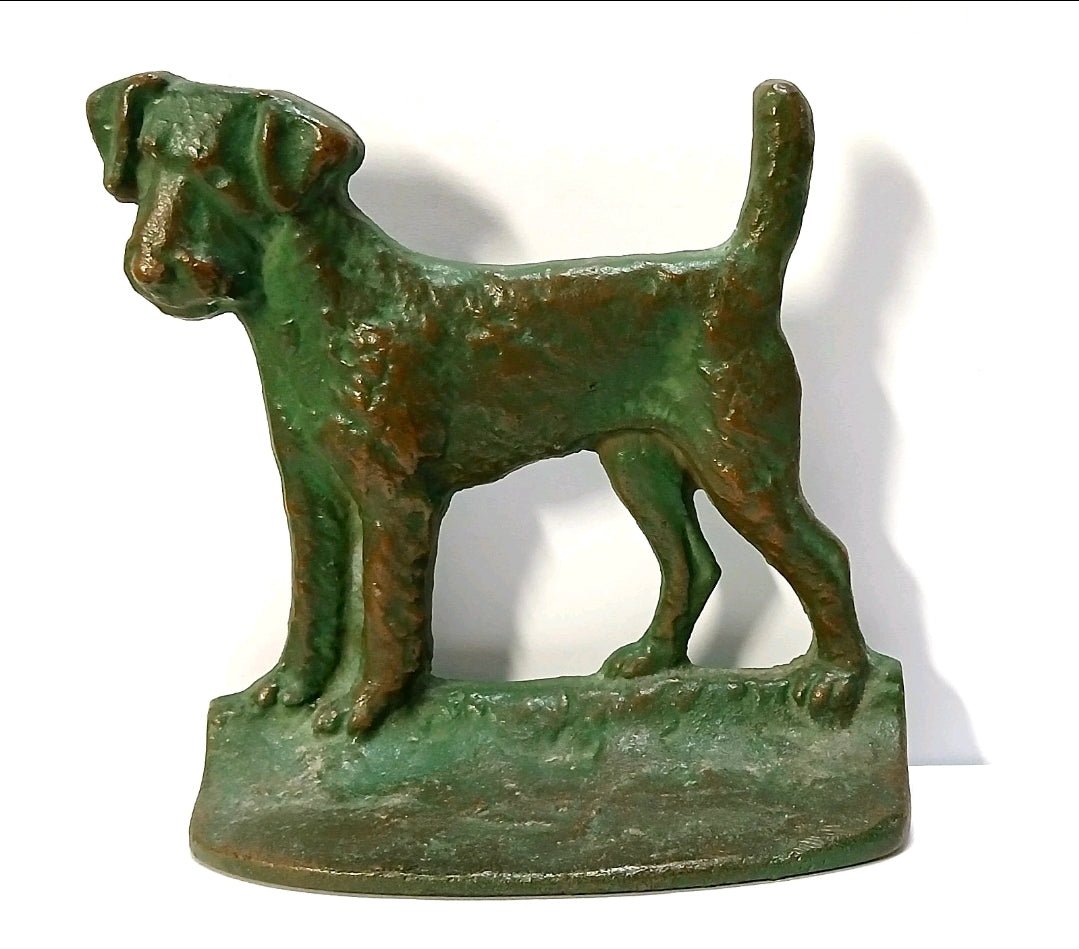 Antique 1928 NY Brass Co. Cast Iron Dog Bookends – Model 134, Original Green Patina - Workshop & Study