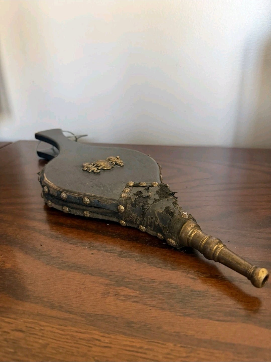 Vintage Fireplace Bellows – Medieval Heraldic Crest, Studded Leather & Brass, c. 1960s - Workshop & Study