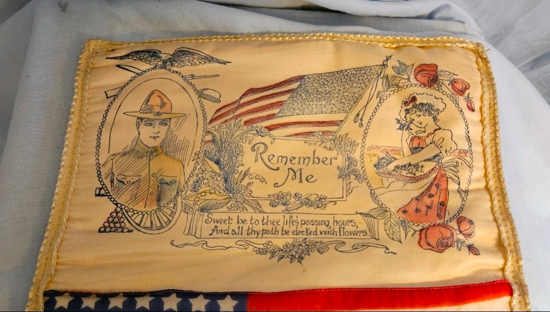 World War I Patriotic Silk Textile Set – “Serving Our Country” Banner & “Remember Me” Pillow Cover (c. 1917–1919) - Workshop & Study