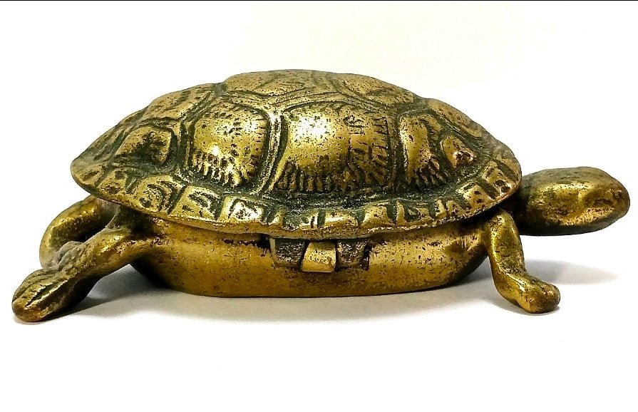 Antique Brass Turtle Trinket Box – English Hinged Shell Desk Object c. 1900 - Workshop & Study