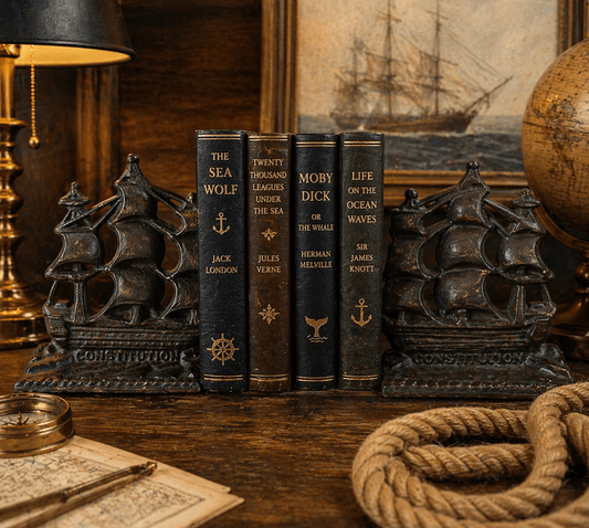 Vintage Cast Iron Ship Bookends – USS Constitution Sailing Ship – Nautical Decor – Heavy Metal Bookends – Maritime Office Shelf Styling - Workshop & Study