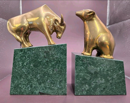Mid-Century Brass Bull & Bear Market Bookends – Green Marble Bases