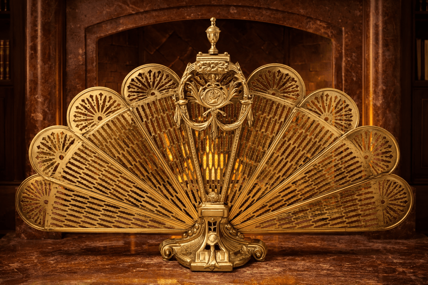 Antique Brass Folding Fireplace Screen – Ornate Peacock Fan Design, Neoclassical Motif, Decorative Fire Guard - Workshop & Study