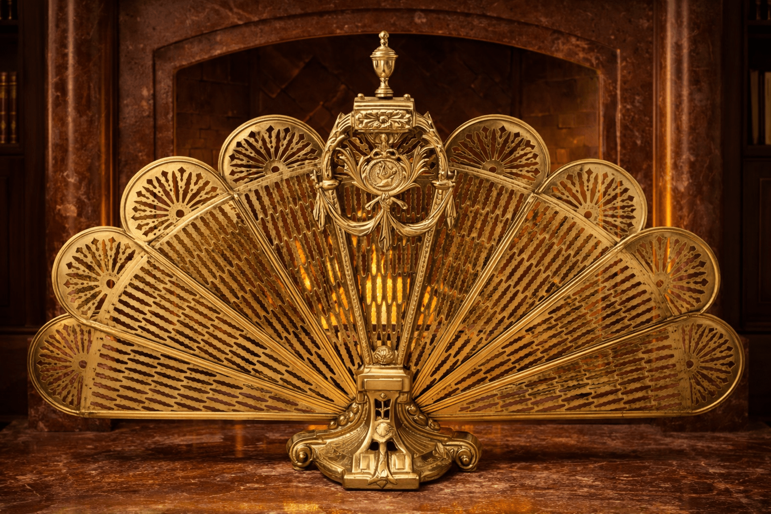 Antique Brass Folding Fireplace Screen – Ornate Peacock Fan Design, Neoclassical Motif, Decorative Fire Guard - Workshop & Study