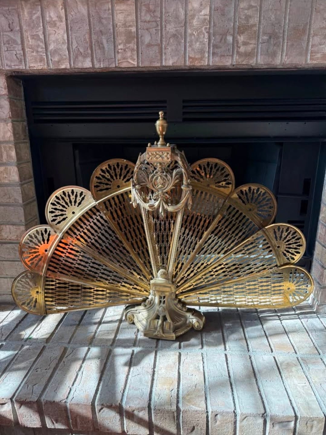 Antique Brass Fan Fireplace Screen | Ornate Victorian / Art Nouveau Fire Guard | Large Decorative Hearth Screen - Workshop & Study