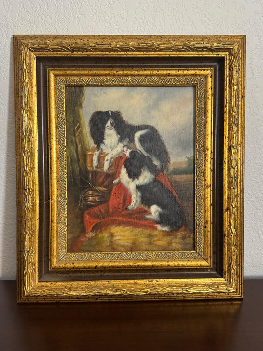 Vintage Oil Painting of King Charles Spaniels in Ornate Gilt Frame - Workshop & Study